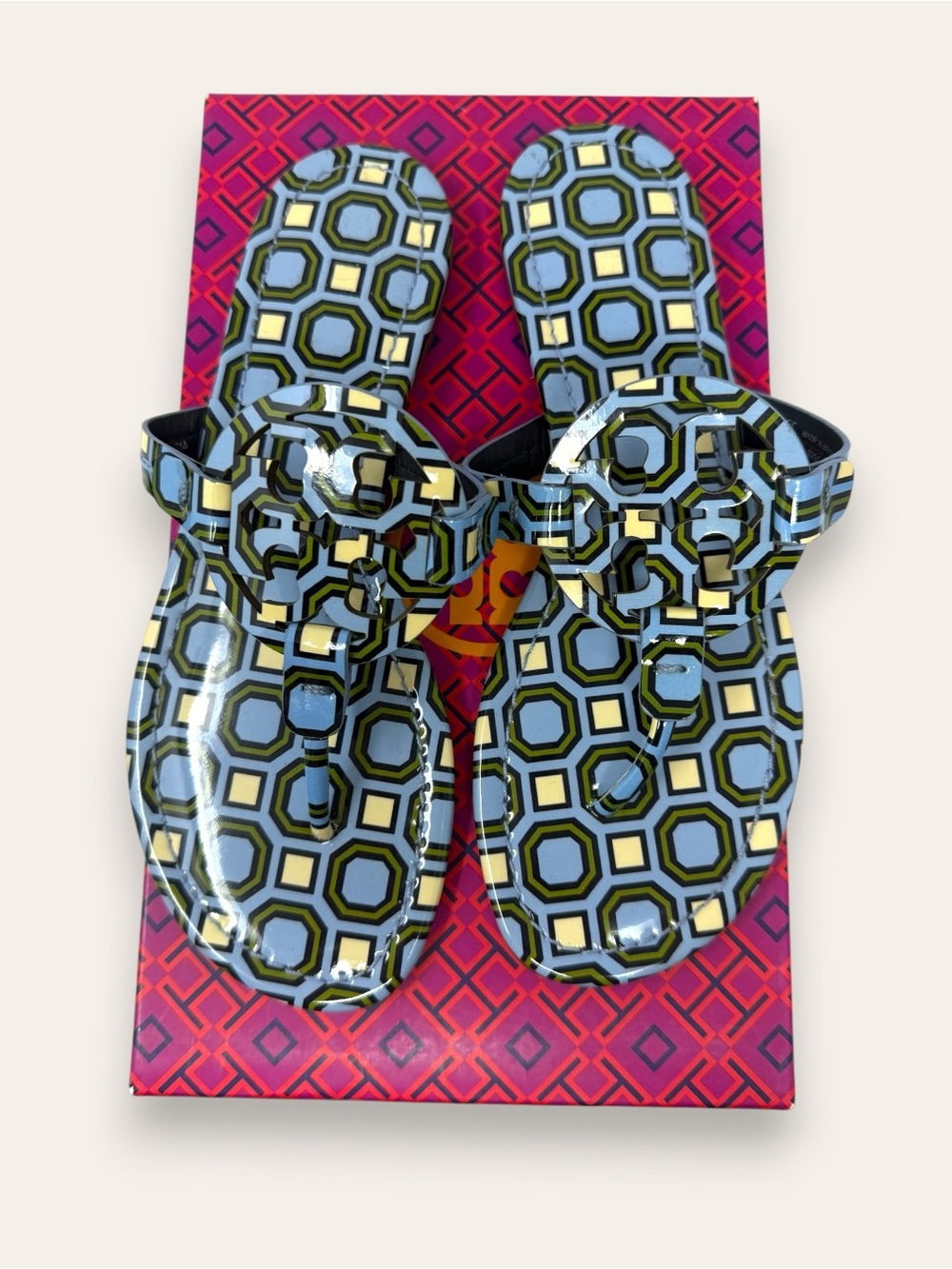 Tory Burch Light Chambray Octagon Square Miller Printed Patent Leather 7 Women’s